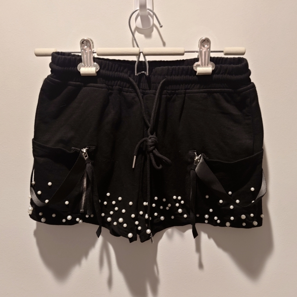 Unique modded pearls and ribbons cargo booty shorts